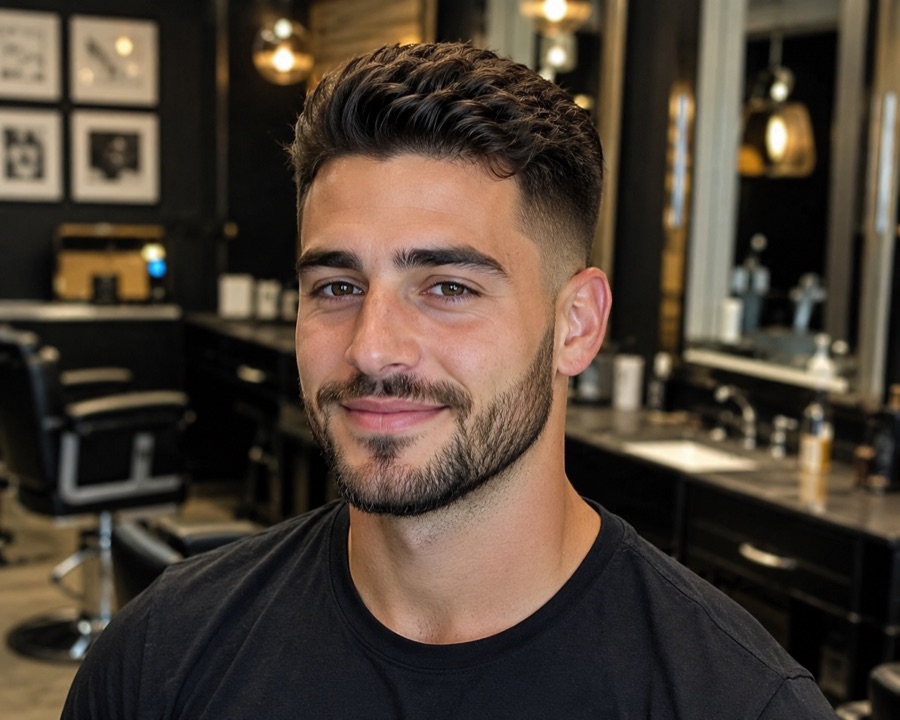 A confident client with a fresh men's haircut and beard trim at Refined Gents in Plano, Texas