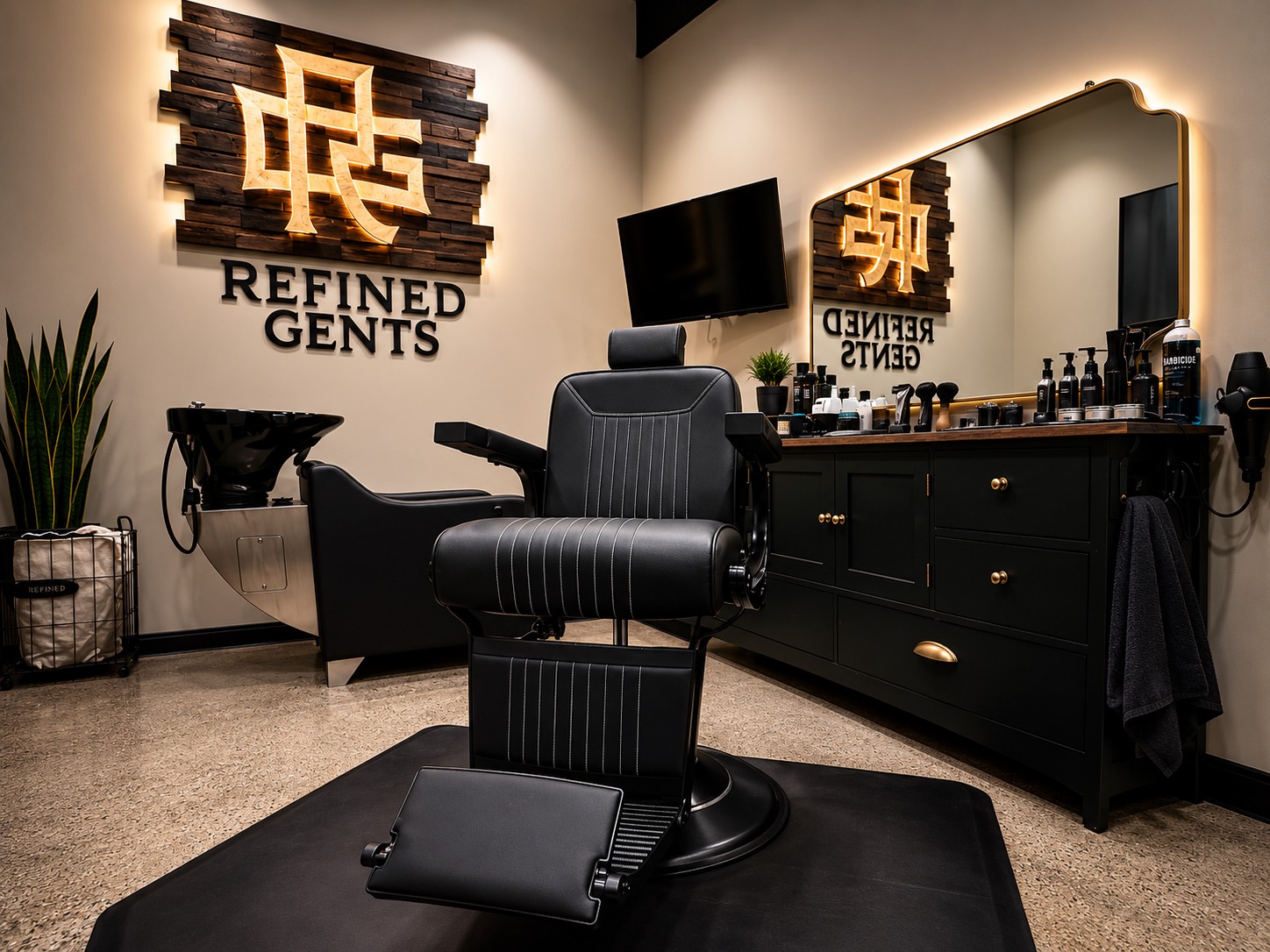 The Refined Gents men's studio in Plano, Texas — a black leather barber chair beneath the illuminated Refined Gents monogram sign